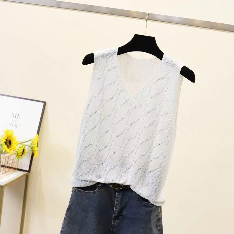 2023 Shiny Silk Sleeveless V-Neck Women's Vest - Spring/Summer New Style, Loose Fit with Hot Diamond Sling Knitted Design