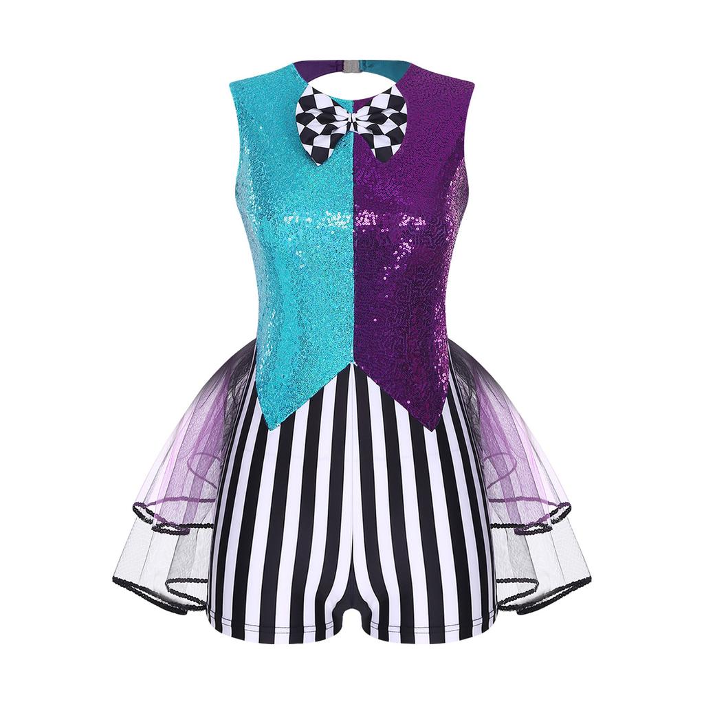 S-3XL Women’s Halloween Jumpsuit: Color Blocking Sequin & Striped Patchwork Checker Bowtie Tiered Tulle Hem Cutout Rompers Mad Costume