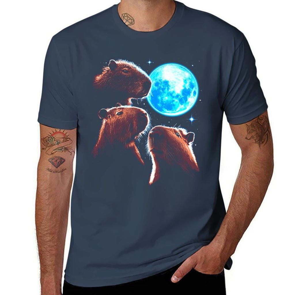 Three Capybara Moon Funny Capybara Meme Mystical Capybara Tshirt Work Basic Short Sleeve Top