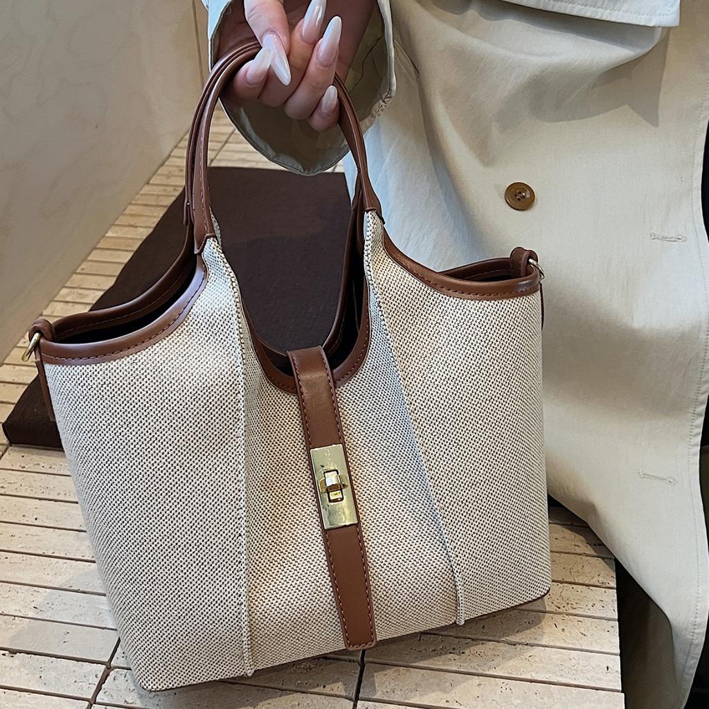 2025 new product casual fashion canvas splicing women's popular vegetable basket large capacity handbag messenger bag
