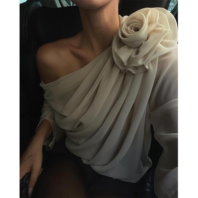 Trendy šifonový květinový síťovaný top s odhalenými rameny a dlouhým rukávem pro ženy