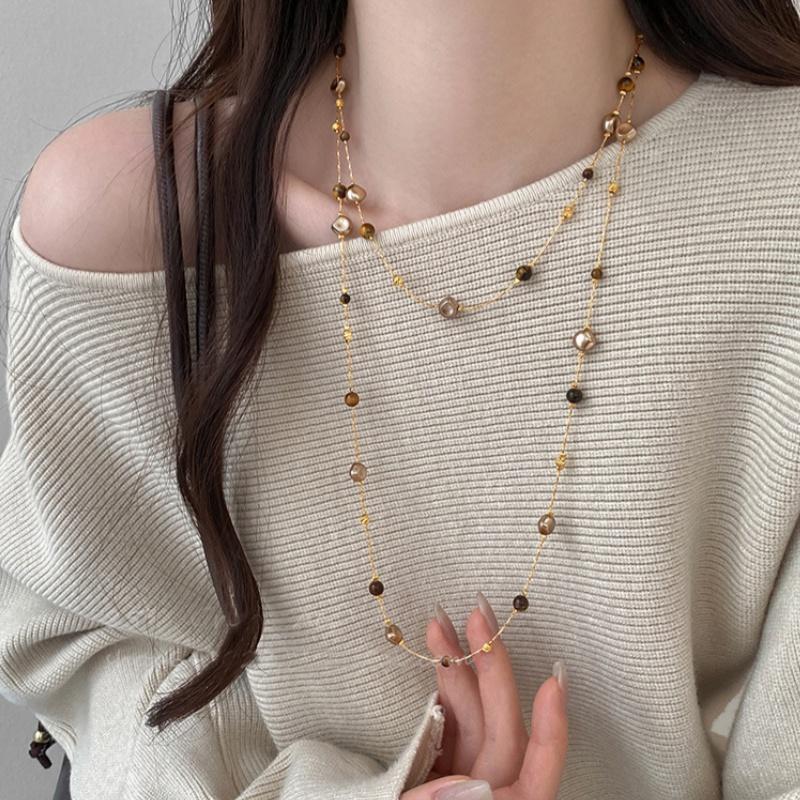 Autumn And Winter Long Tiger Eye Stone Pearl Beads Long Sweater Chain For Women'S Popular Necklace  Jewelry Accessories
