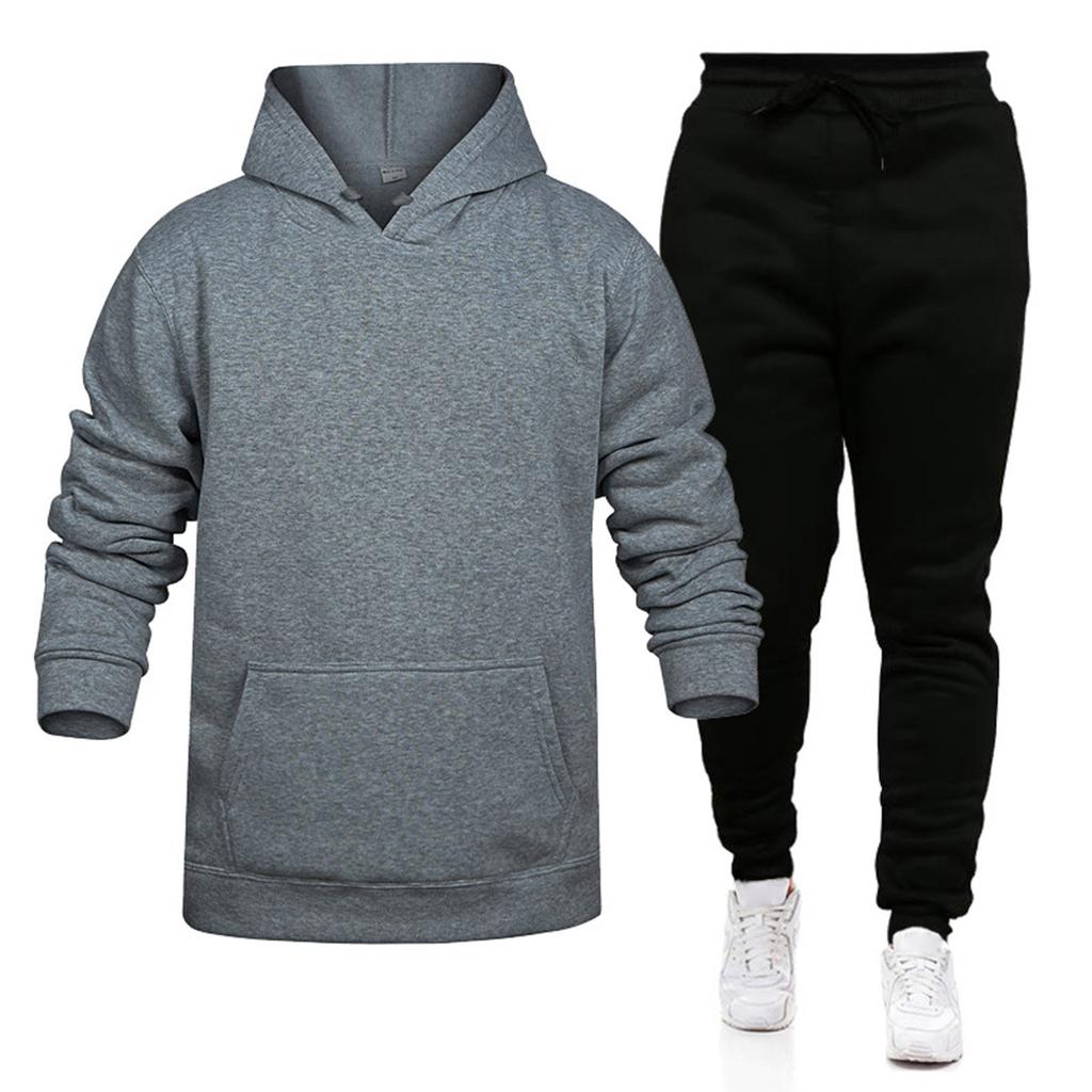 Men's Winter Solid Color Long-Sleeved Hooded Drawstring Sweatshirt And Sweatpants Suit