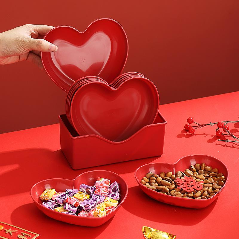 Large Love Red Fruit Plate Household Coffee Table Fruit Snacks Heart Shaped Red Plate Dining Table Bone Spitting Plate