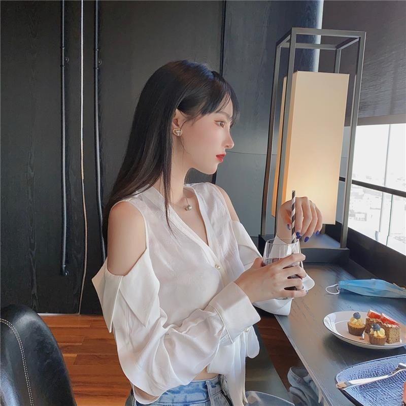 WTEMPO Off Shoulder Women Shirt Sexy V-neck Short French Style Chic Long Sleeve Shirt StreetWear Casual Top Blouse Women