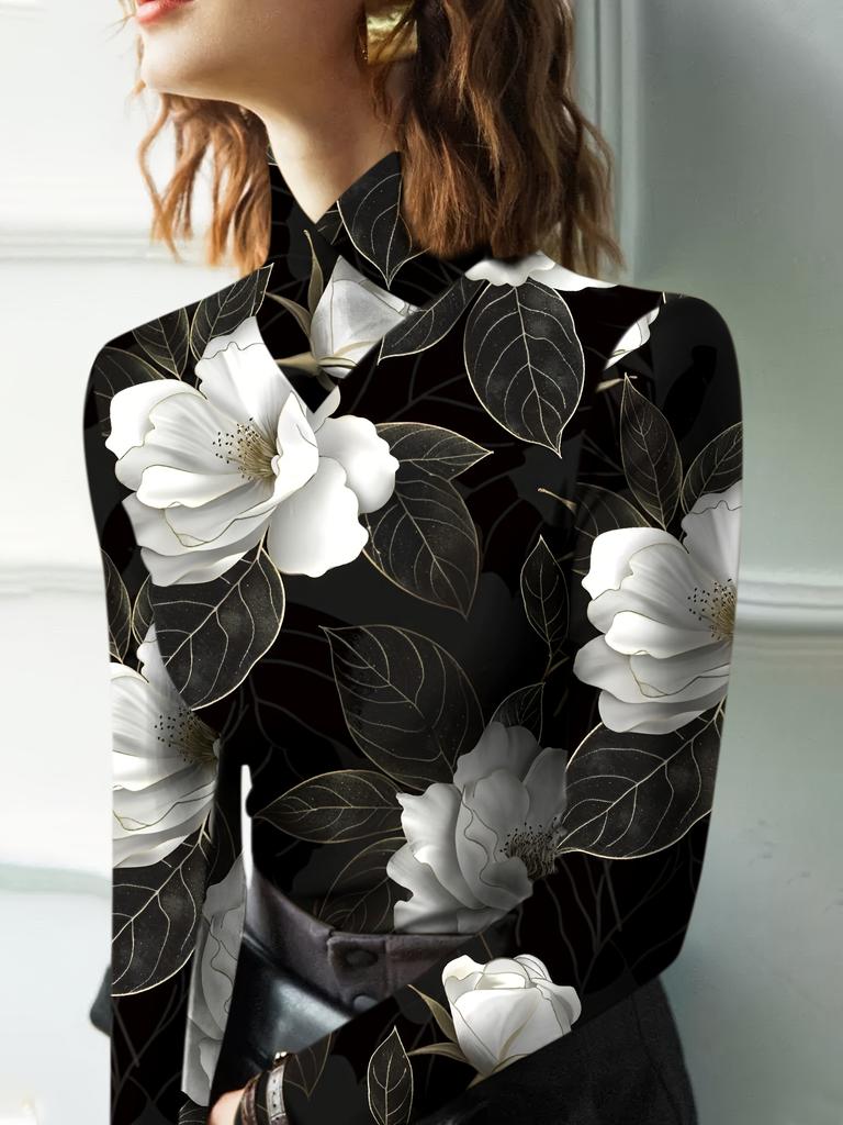 Ladies Elegant Floral Print Skinny Bottom Shirt Turtleneck Long Sleeve T-Shirt Top