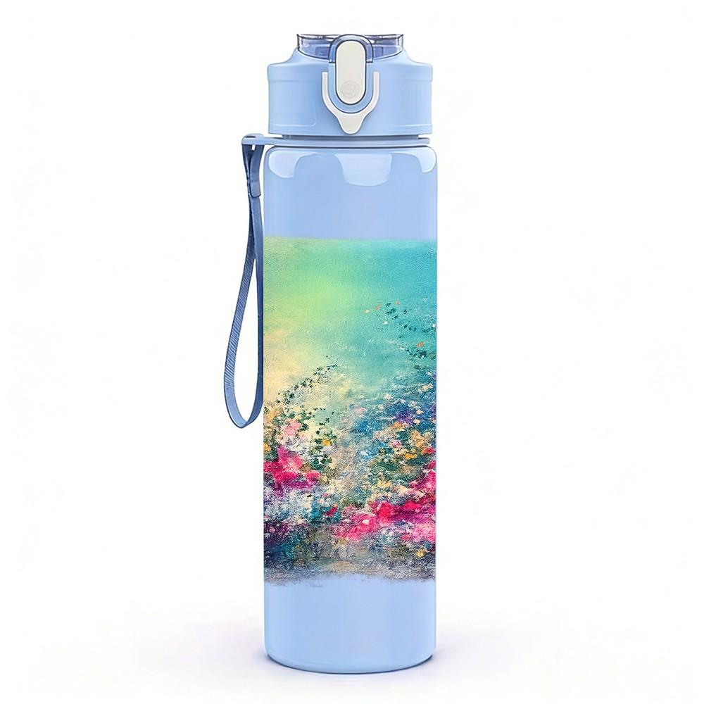 1PC Dreamy Blue Watercolor Scene Print 750ml Color Plastic Sports Water Bottle Leakproof Flip Straw Lid Suitable for Sports Office Home Use