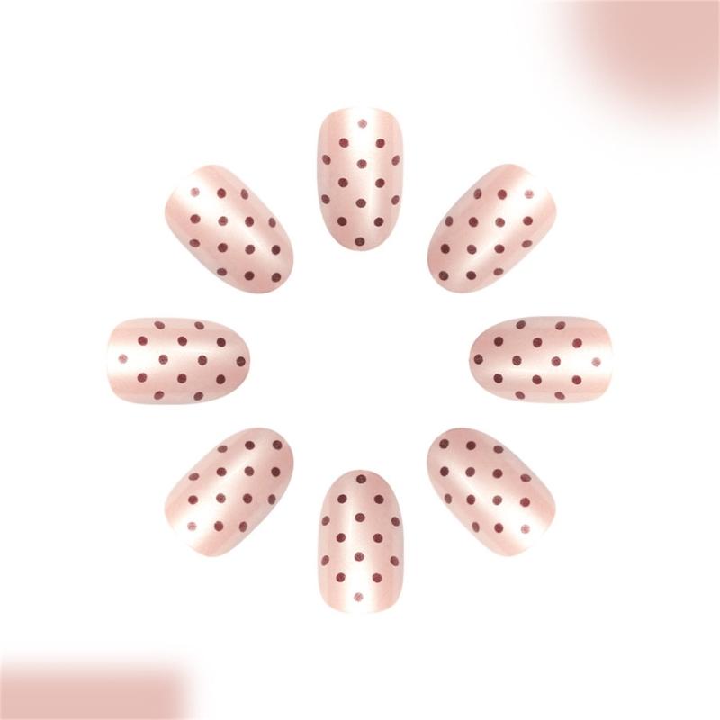 24 Pieces Short False Nail Glossy Oval Coffee Dots Full Cover Press On Nail Fashion Nail Decoration for Daily Party Wear