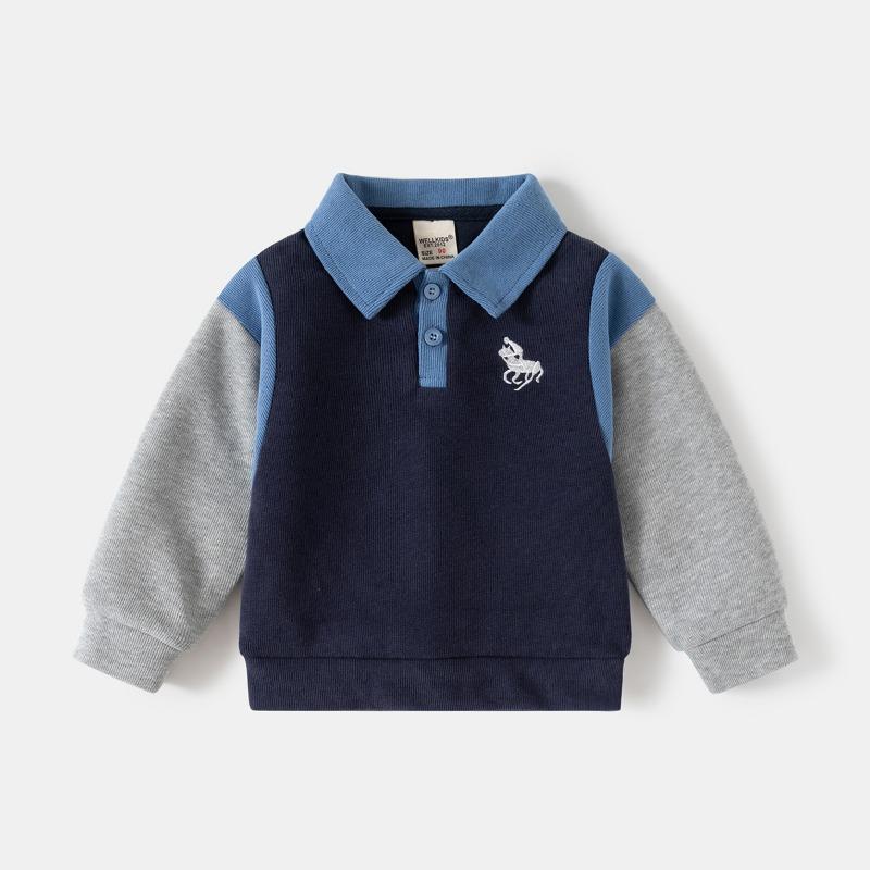 Boys Embroidered Turn Down Collar Patchwork Long Sleeve Casual Kids Sweatshirt