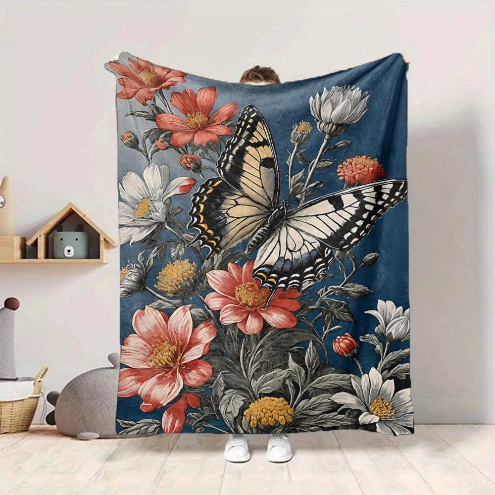 

1pc Butterfly Flowers Lightweight Flannel Blanket, Comfortable and Warm Blanket, for Office and Camping Sofa Bed, Livingroom118 130cmx150cm