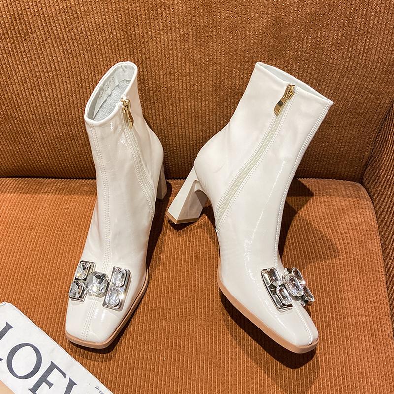 Modă 2024 toamnă și iarnă noi botine negre cu toc înalt cu vârf pătrat, modă pentru femei, fermoar lateral cu diamant, cizme de modă care se potrivesc cu totul