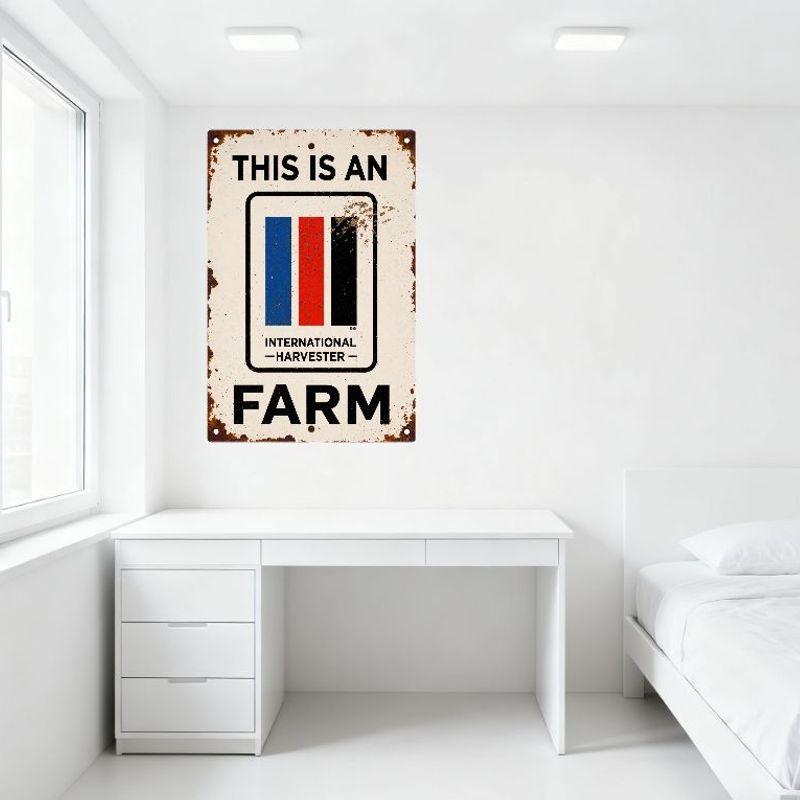 Vintage Harvest International Farmer Tin Sign, Weathered Metal Wall Decor with Rust Spots, Farmhouse Home Bar Pub Decoration