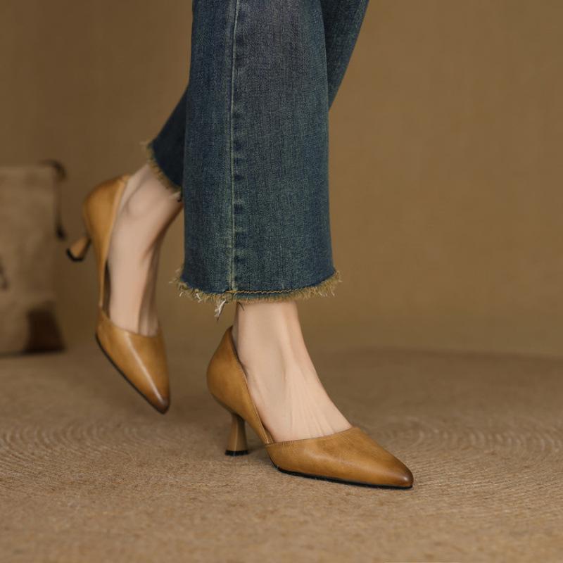 French casual versatile high heels spring and summer new foot cover women's single shoes light mouth pointed head thin heel commuting solid color