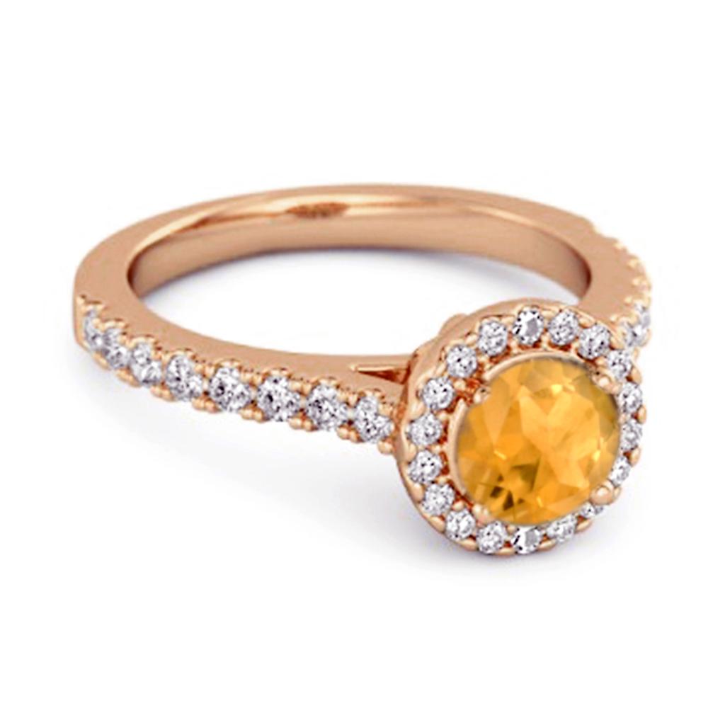 Citrine Round Halo Accents Ring - 925 Sterling Silver Rose Gold Vermeil