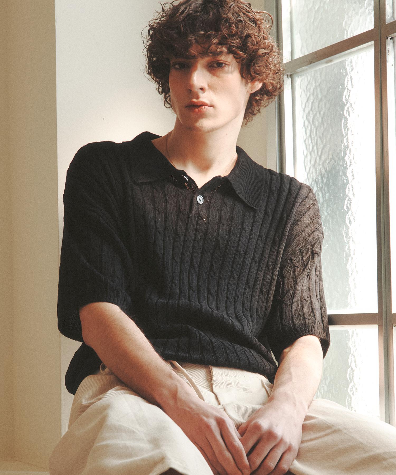 Nitied Linen Cable Collar Half Knit Black L