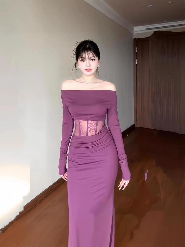 Women's Winter Purple Lace-Spliced Draped Fishtail Dress