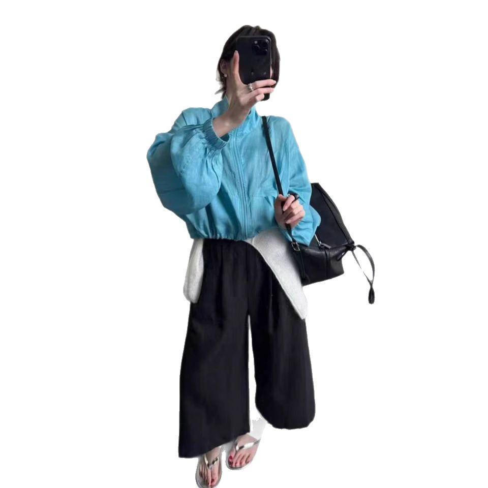 Korean-Style Stand-Up Collar Zip-Up Sun Protection Jacket for Women - 2025 Spring/Summer Cotton-Linen Collection, Slimming and Loose Fit