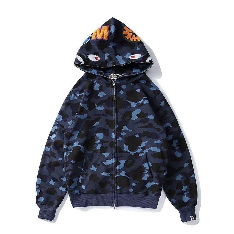 Mens Oversized Hooded Sweatshirt With Shark Embroidery Camo Print Casual Long Sleeve Pullover