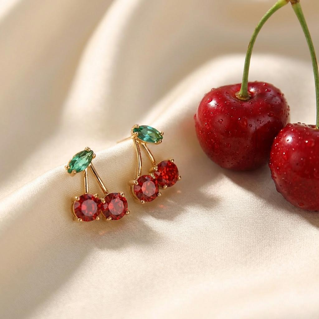 Sweet Red Zircon Cherry Leaf Stud Earrings for Women Cute Crystal Fruit Earring Fashion Daily Wear Party Jewelry Gift Aesthetic