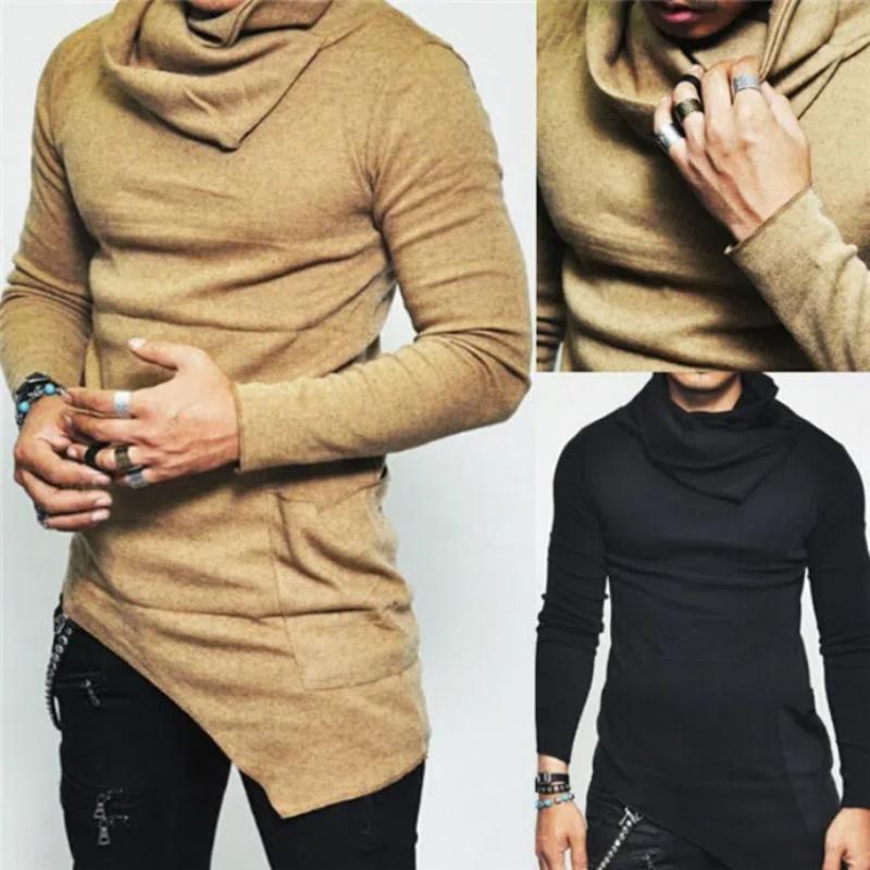 Spring Autumn New Pile Collar Long Sleeved Solid Color High Street T-Shirts Man Fashion Pocket Patchwork Asymmetrical Pullovers