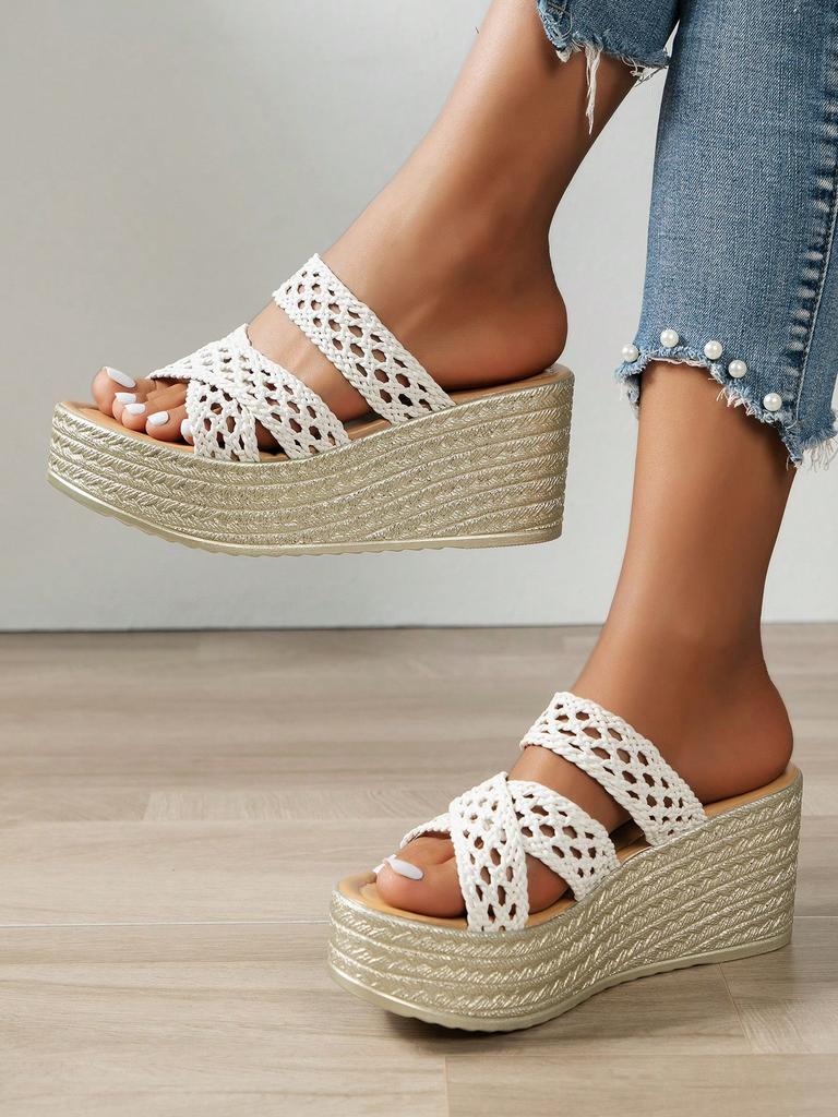 Aphixta White Hollow Thick Sole Slides Platform Women's Shoes Gold Sole Wedge Heel Slides Flip Flops Summer Beach Slippers