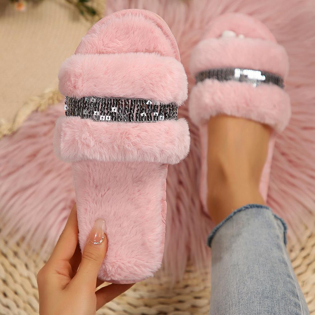 Fashion Women Home Slippers Fashion Shiny Rhinestones Design Open Toe Indoor Slippers Winter Flat Non-slip Leisure Interior Women Shoes
