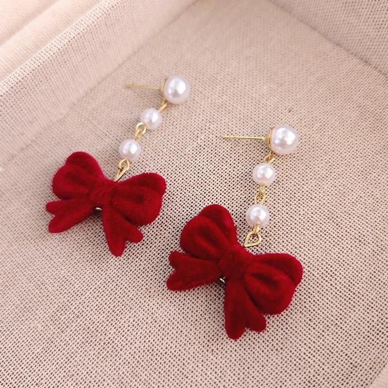LATS Red Black Bowtie Earrings for Women Girls Simulated Pearl Cloth Bow Tie Earrings Jewelry Ear Accessories Beautiful Gifts