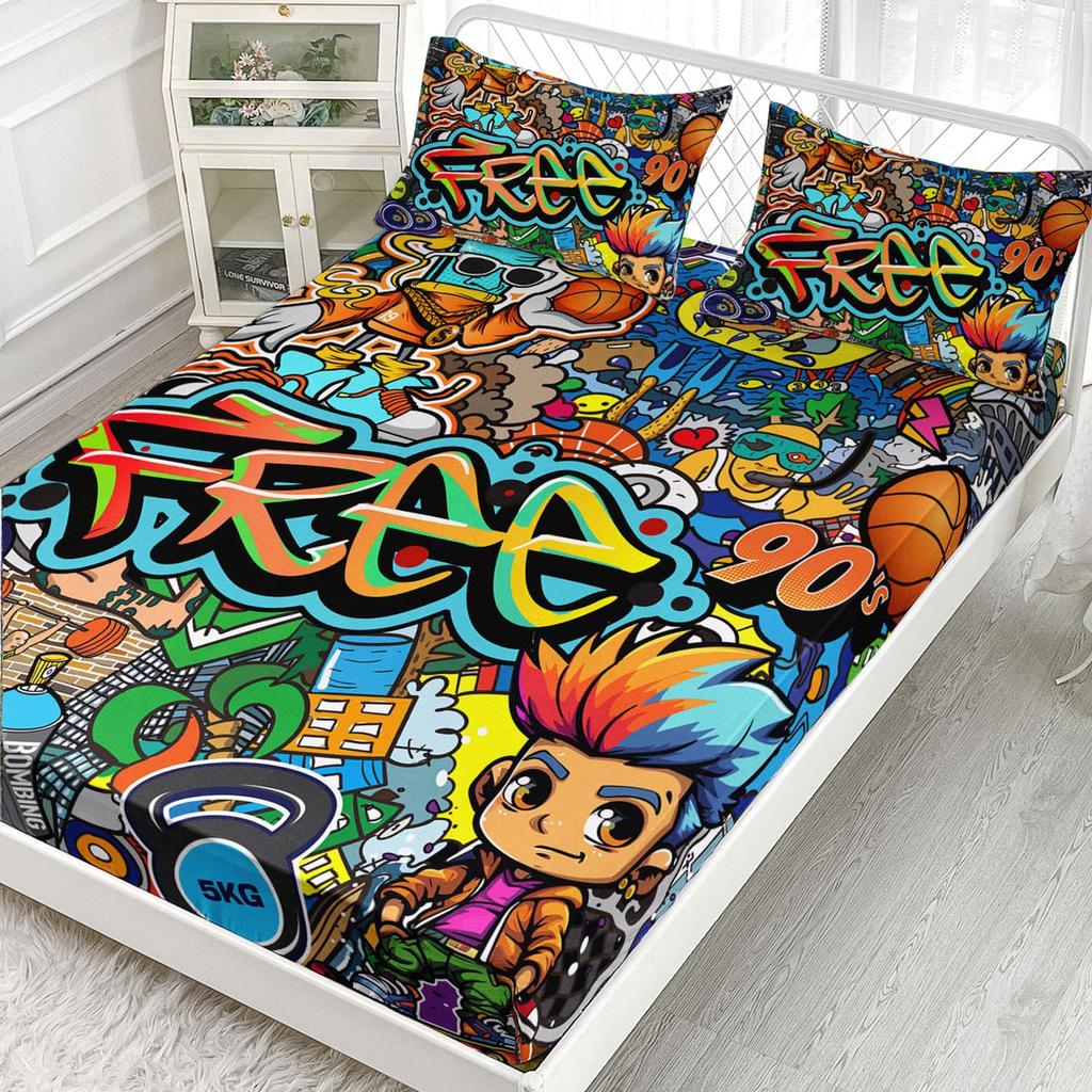 Cool Hip-Hop Graffiti Pattern Mattress Three-Piece Digital Printing Mattress Bedding Set Adult