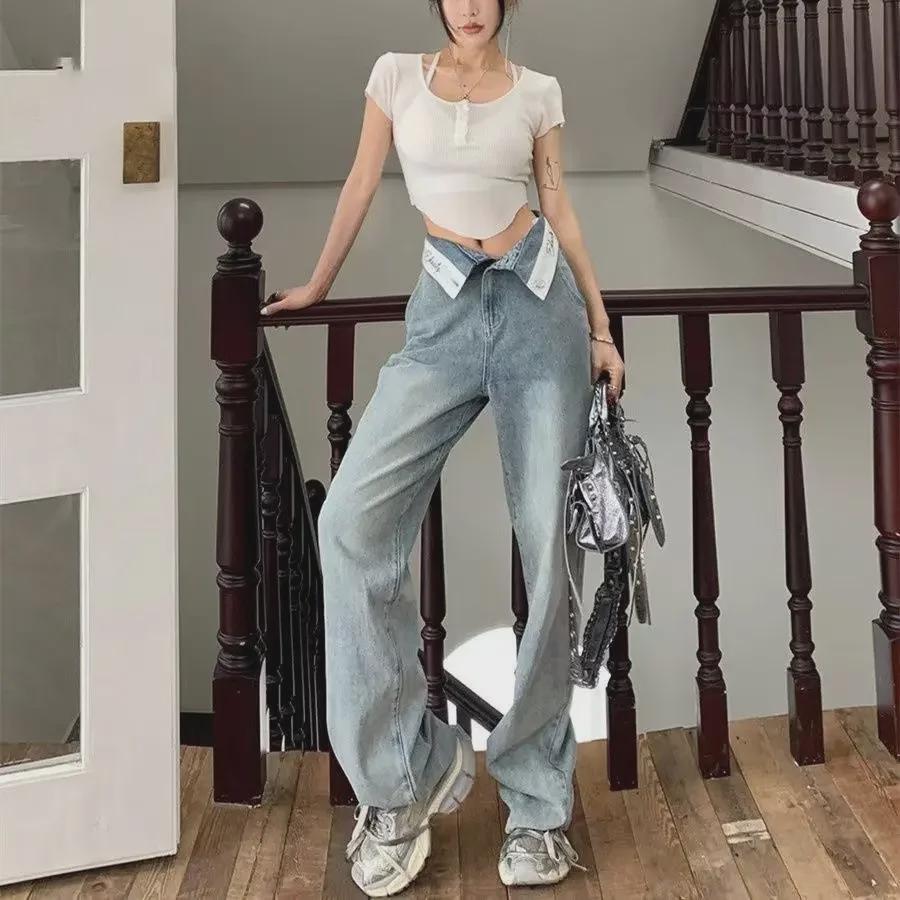 

Женские дизайнерские джинсы с высокой талией и манжетами - 2023 Осень/Зима Узкие прямые широкие штанины M