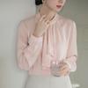 [SYitong] Women's Long-Sleeved Plain Blouse, Stylish, Washable, Collarless, White/Pink, Lined, Business/Office Wear, Cute, Popular, Perfect for Dates,