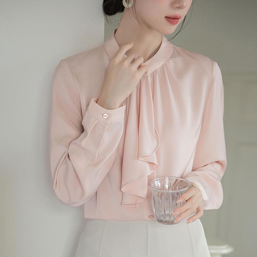 [SYitong] Women's Long-Sleeved Plain Blouse, Stylish, Washable, Collarless, White/Pink, Lined, Business/Office Wear, Cute, Popular, Perfect for Dates,
