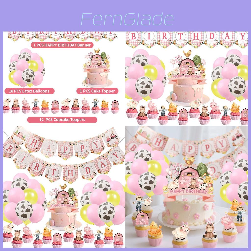 Farm Animal Birthday Party Banner And Balloon Decor Set With Paper Flags For Kids Celebration