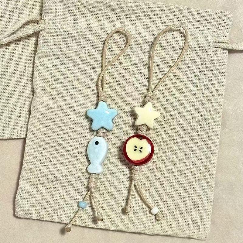Cute Star Flower Mobile Phone Strap Kawaii Ceramic Beaded Mobile Phone Lanyard Bag Decoration Camera Pendant  Keychain