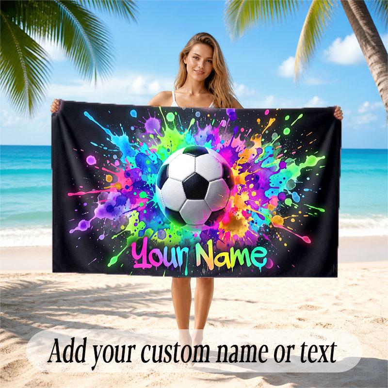 Soccer Theme Beach Towel Personalized Custom Name & Text Soft Quick Dry Beach Towel for Swimming Travel