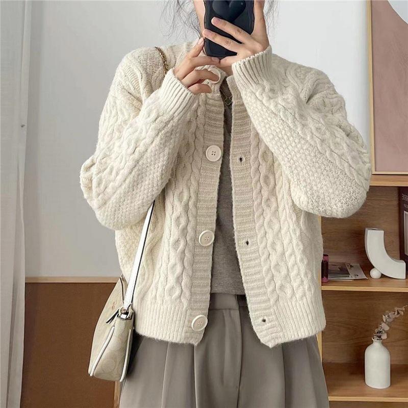 Korean Style Lazy Twist Knit Cardigan Short Round Neck Sweater Coat