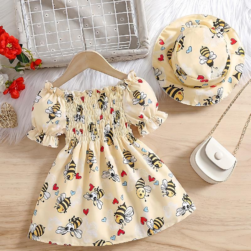 Modisches Prinzessinnenkleid für Mädchen Sommer Kinderkleid mit Bienenprint und süßem Hut