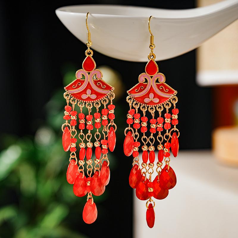 

Fashion Ethnic Vintage Bohemian Waterdrop Drop Dangle Tassel Earrings Woman Beads Handmade Female Zircon Wedding Earrings Gift красный