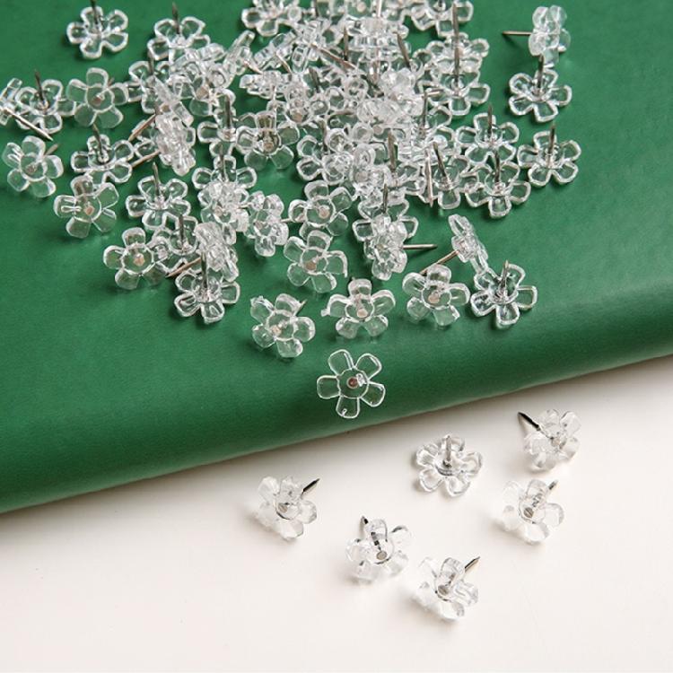 Pack of 100 Clear Flower Push Pins for Office Bulletin Board Cork Board Notice Board Pin Flat Head Push Pins for Hanging