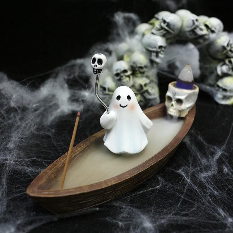Halloween Ghost Resin Cone Backflow Incense Burner Smoke Fountain Diffuser, Ghost Ship Ornament for Aromatherapy/Yoga/Home Decor