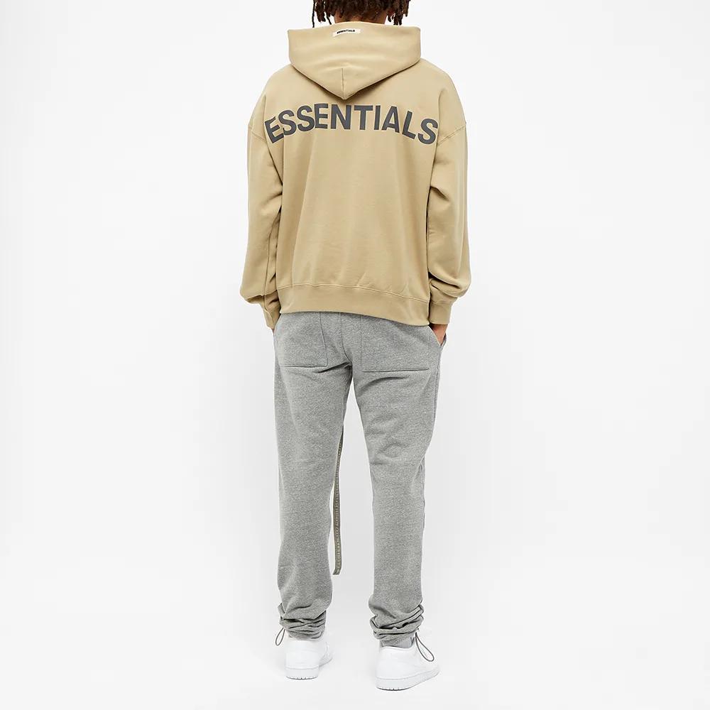 Fear of God Essentials FW19 Pullover Hoodie With Reflective Lettering On The Back And Fleece Lining Unisex Hoodie Khaki FOG-FW19-28