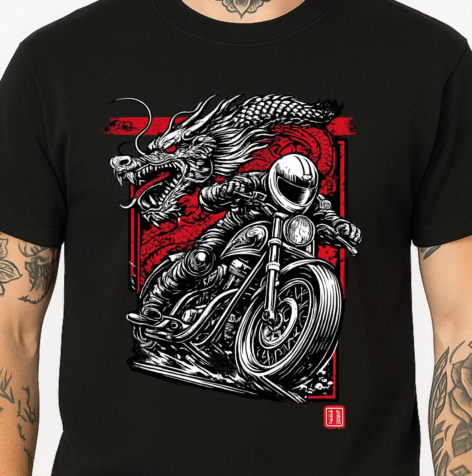 Dragon Biker Motorcycle Graphic Japanese Gothic Rider Chopper Streetwear Tee. XXL