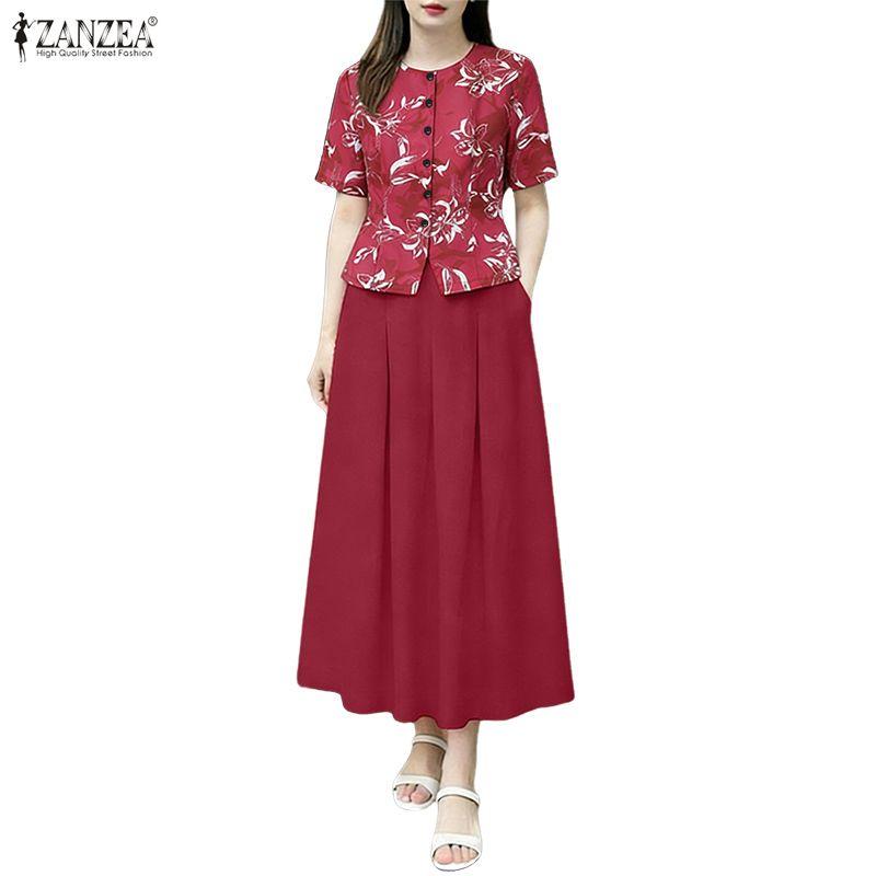 ZANZEA Women Short Sleeve Print Blouse and Long Skirts Summer Two Piece Suit Sets