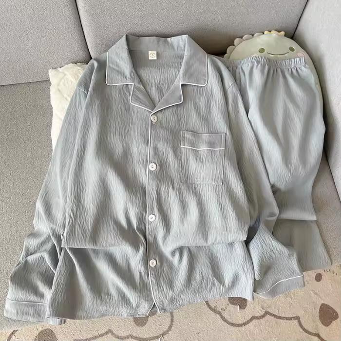 Herbst Frühling Einfarbig Schlicht Herren Pyjama Set Reverskragen Langarm 2-teilig Herren Pyjama Lässig Weich Übergroße Loungewear