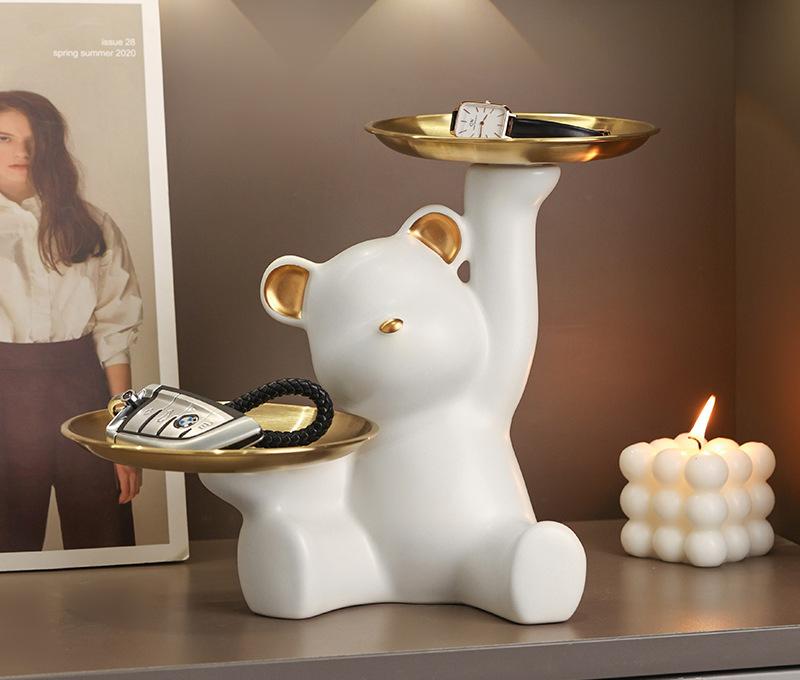 

Очаровательная статуэтка медведя с двойным подносом, милый держатель для украшений, ключей, органайзер для стола с двумя подносами, очаровательный декор для дома и офиса, подарок белый