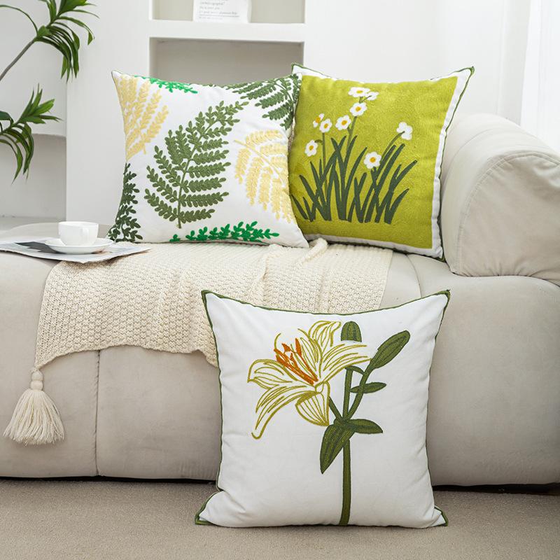 45x45cm Spring Green Flower Embroidered Pillowcase Funda Cogines Cancas Throw Cushion Cover Headboard Pillow Covers Decor Home