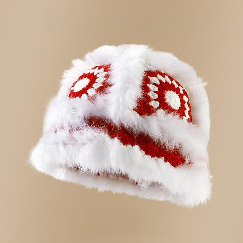 Cartoon Style Wool Beanie With Plush Fur Material And Adjustable Fit For Casual Wear