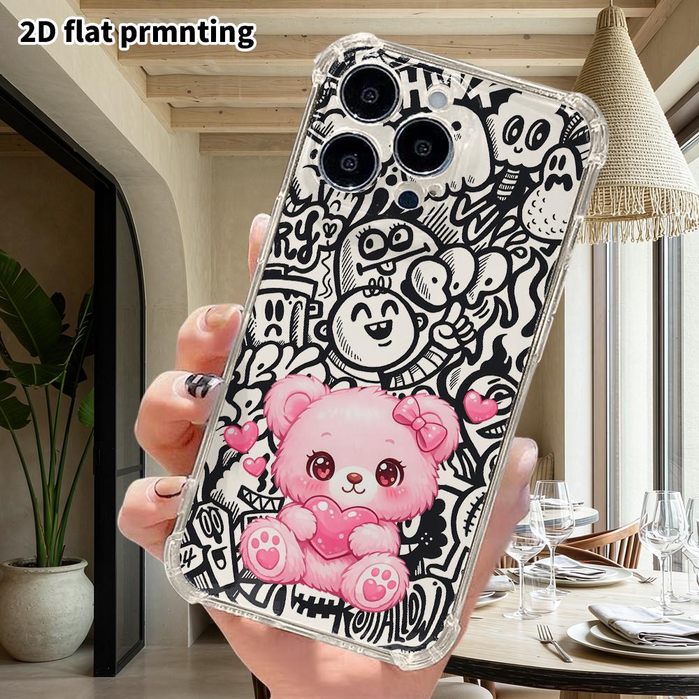 Phone Case: 2D Flat Suitable for iPhone 18 17 16 15 14 13 Pro, Transparent Four Corner Protective Case, Pink Bear, Christmas and Halloween Gift