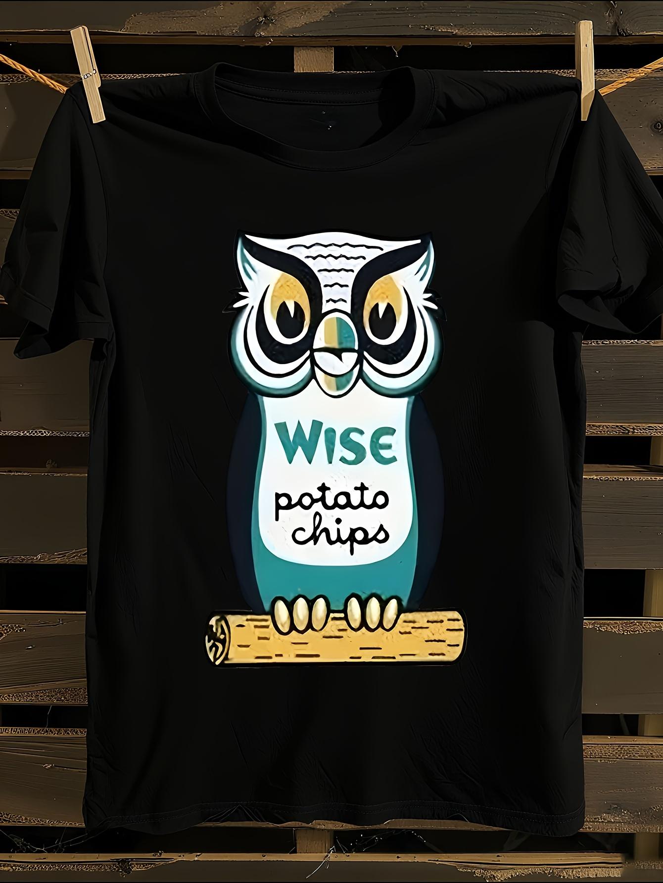 

Funny Wise Owl & Potato Chips Graphic T-Shirt Mens Tshirt Womens Tshirts with Letters Print Short Sleeves T-Shirt Casual Street Tee Shirt Top L