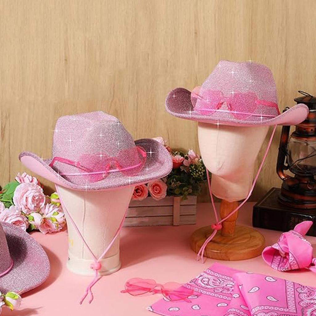 Glittering Pink Cowboy Hat Bandana Sunglasses Costume Women Musical Festival Dress Up Costume Bachelorette Party Props