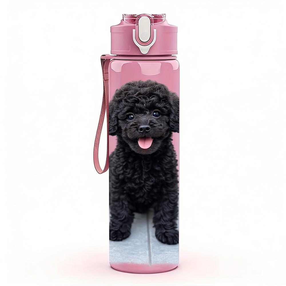 1PC Curly Black Poodle Puppy 750ml Color Plastic Water Bottle Leakproof Flip Straw Lid For Sports Office Home Use